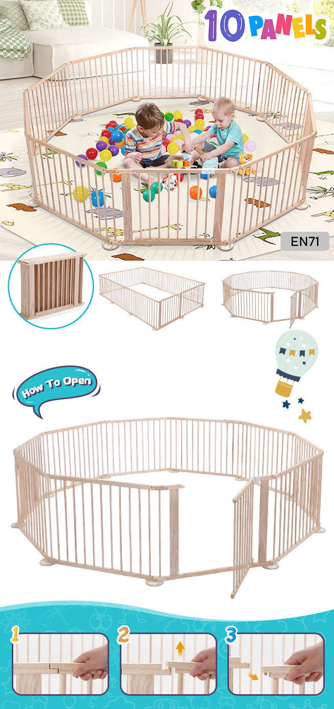 Kidbot Wooden Playpen Foldable Fence Kids Activity Centre Outdoor Playard 10 Panel