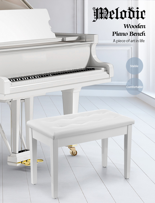 Melodic Piano Stool Wooden Bench Chair Keyboard Seat with Storage White