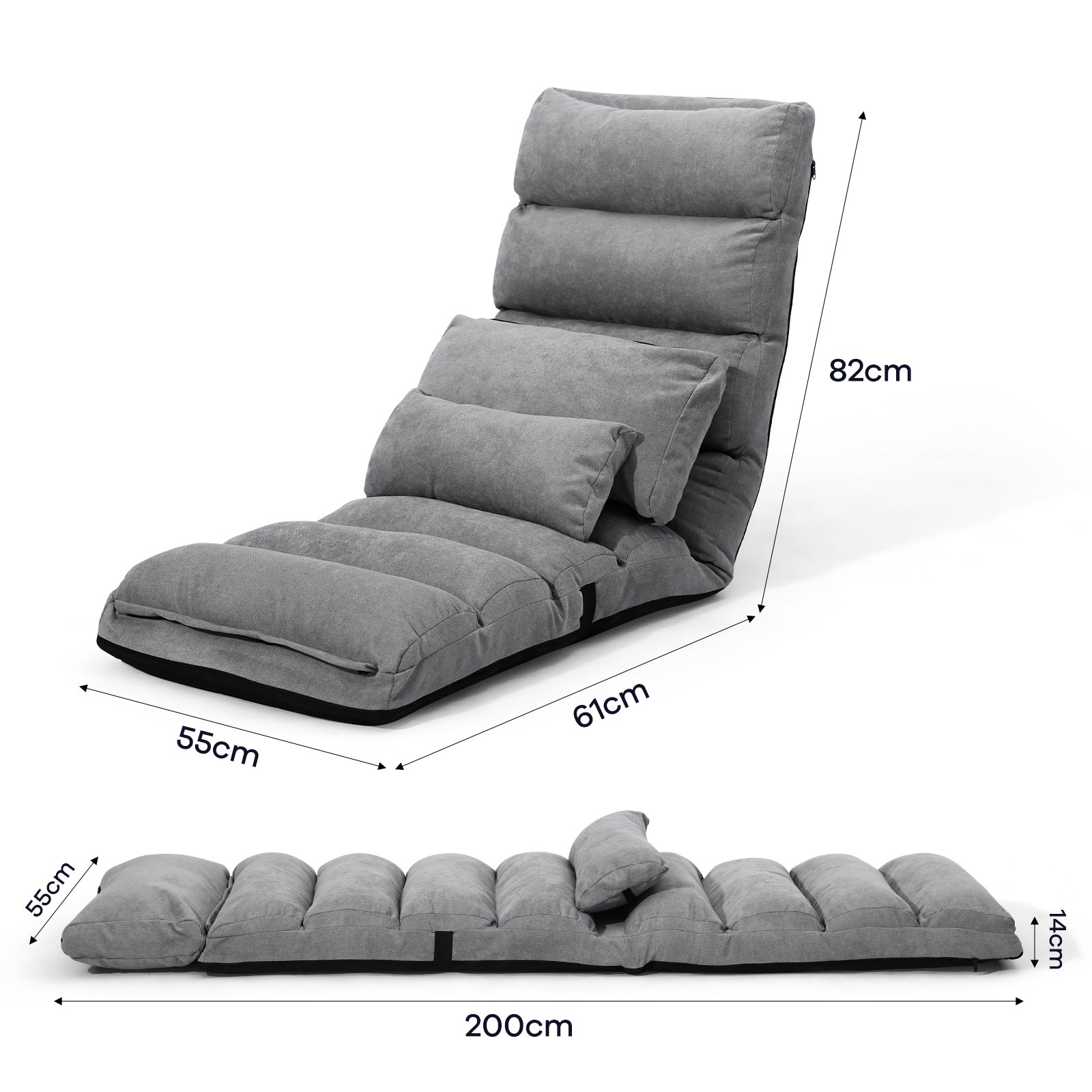 Floor Sofa Bed Lounge Recliner Chair Chaise Couch Adjustable Folding with Pillow Pedal Grey