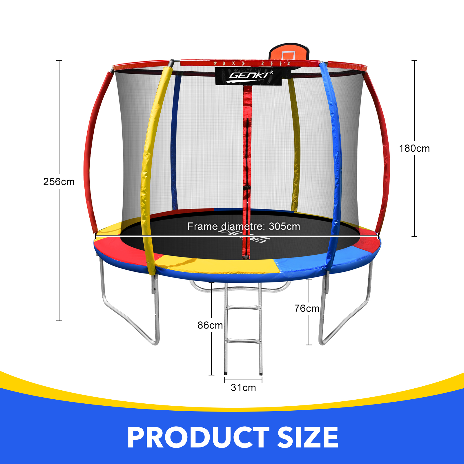 Genki 8/10/12/14ft Kids Trampoline Enclosure Safety Net Basketball Hoop w/Ladder