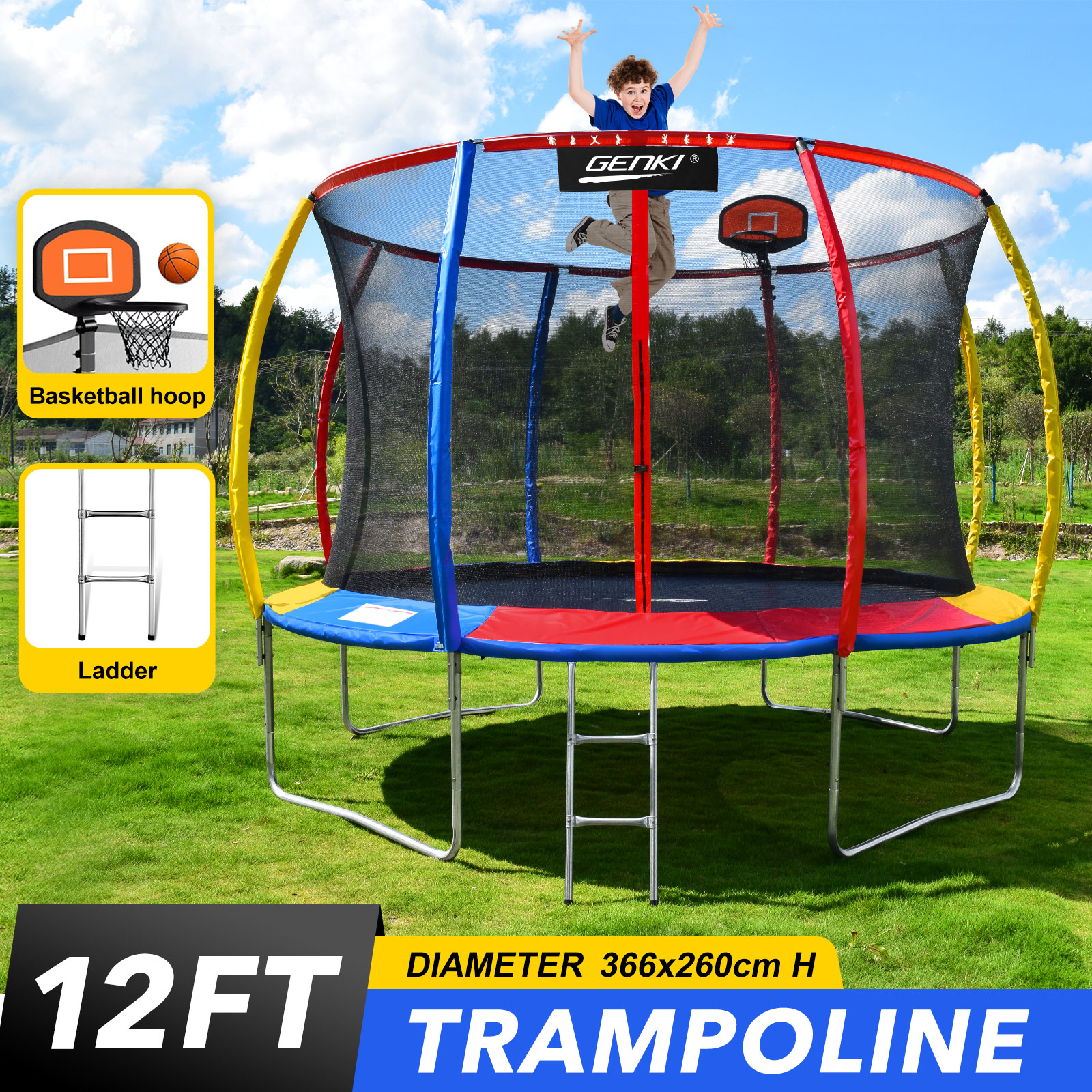 Genki 8/10/12/14ft Kids Trampoline Enclosure Safety Net Basketball Hoop w/Ladder
